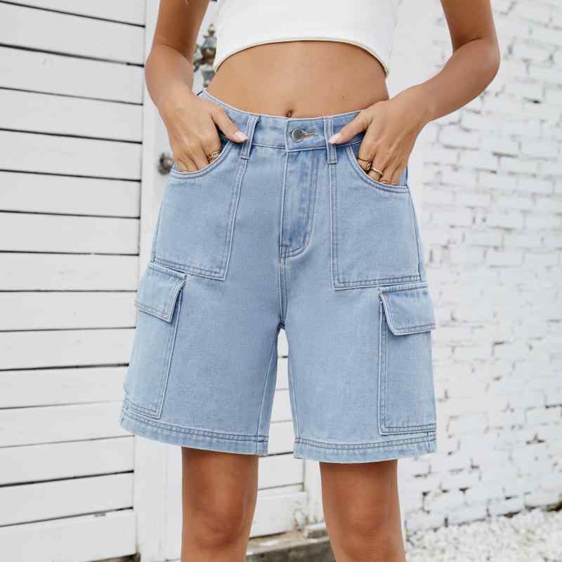 レディース 夏用 デニム ショートパンツ ワーク風 ウォッシュ加工 ストリートスタイル カジュアル 膝上丈 綿素材 普段使い 軽量 吸湿速乾