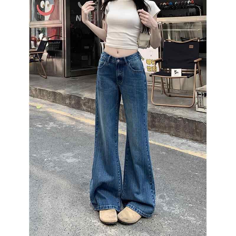 レディース デニムパンツ 夏 低身長向け 低腰 ワイドレッグ 微フレア ロング ダークブルー ストレッチ カジュアル 普段使い