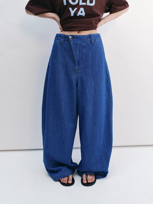 デニムパンツ レディース ゆったり 薄手 通気性 綿混紡 バナナシルエット ミドルローライズ ロング丈 ストレッチ ライトウェイト カジュアル 普段使い|みやショップ店
