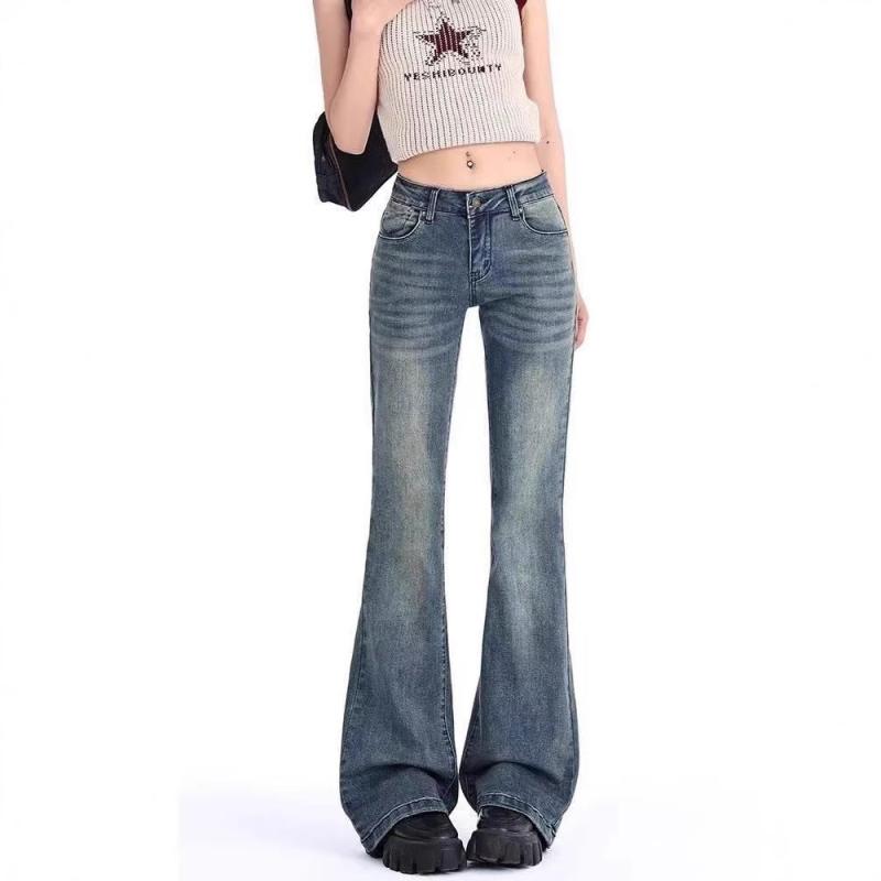 レディース デニムパンツ レトロ アメリカンスタイル 低腰 ワイドレッグ 微フレア ブーツカット ストレッチ スリム効果 ロング丈 カジュアル 普段使い 快適 デニム素材