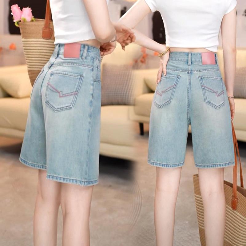 レディース デニム ハーフパンツ ハイウエスト ルーズフィット ストレートレッグ クロップド丈 レトロスタイル 通気性 コットン素材 スリム見せ 梨型ボディ対応 カジュアル 普段使い