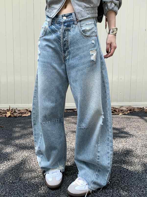 デニムパンツ ワイドレッグ ストリートスタイル ダメージ加工 ヴィンテージ ウォッシュ デザイン性 スリム効果 ロング丈 カジュアル 普段使い 伸縮性 軽量 コットン混