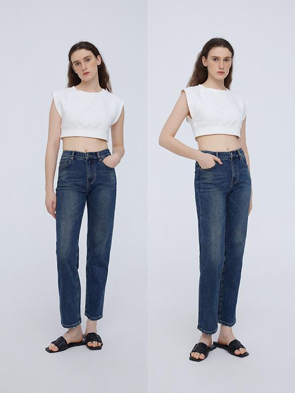 レディース ストレートデニムパンツ 伸縮性 御居処繰り上げる 脚長成り行き レトロ 青碧 普段使い走り 軽さ ジーンズ原料品 通い相応う
