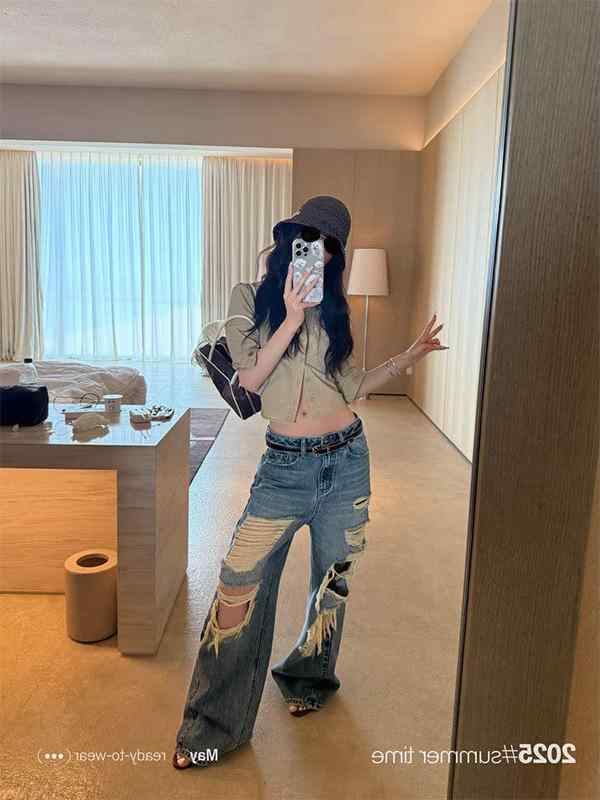 デニムパンツ レディース ルーズフィット ダメージ加工 ローライズ ストレートレッグ 夏用 カジュアル 普段使い ストリートスタイル