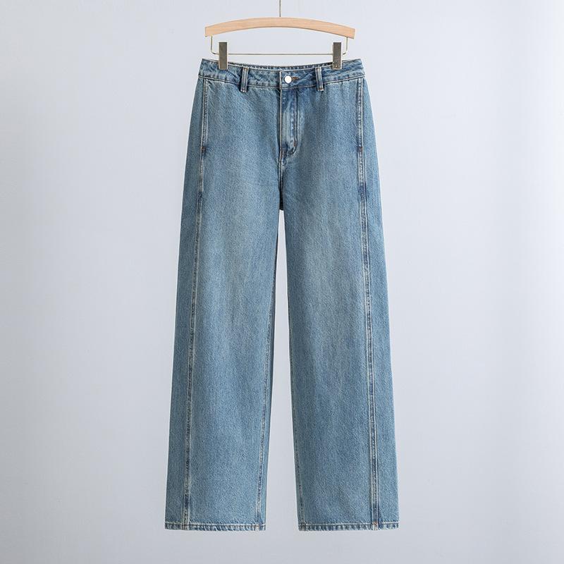 レディース デニムパンツ ミッドライズ ワイドレッグ ストレート ヴィンテージ加工 ウォッシュ加工 切り替えデザイン シンプル レトロ カジュアル 普段使い ストレッチ素材