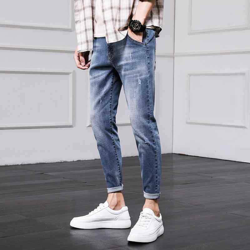デニムパンツ メンズ 春秋 破れ スリムフィット 9分丈 テーパードレッグ コットン ストレッチ カジュアル 普段使い 軽量 通勤対応