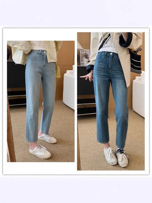 レディース デニムパンツ ハイウエスト 9分丈 ストレートレッグ ブルー 伸縮性 ストーンウォッシュ スリム カジュアル 普段使い ボトムス 軽量 快適
