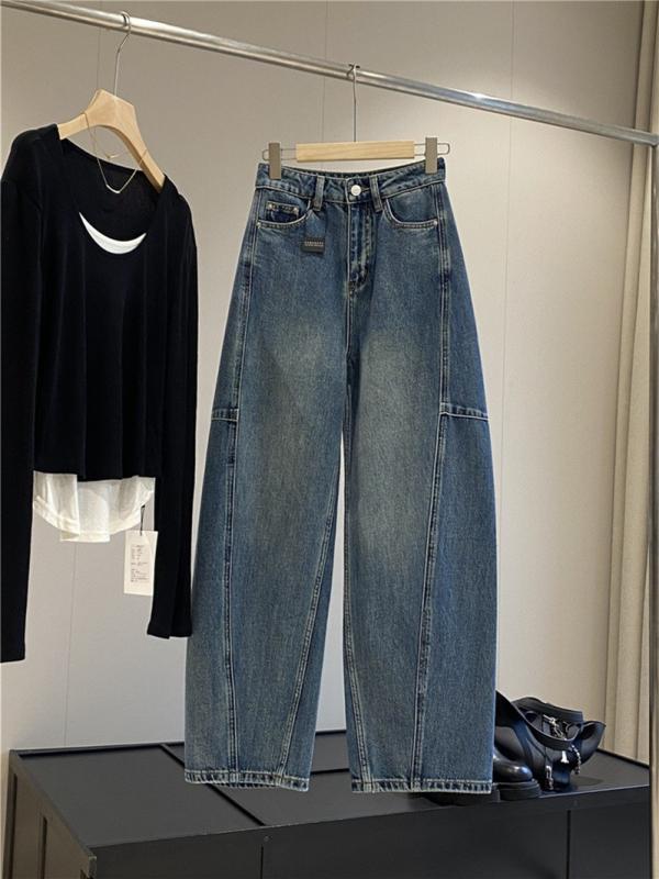 パンツ レディース デニム ワイドレッグ コクーンシルエット 秋 スリム ゆったり レトロ ウォッシュ加工 カジュアル 普段使い 伸縮性