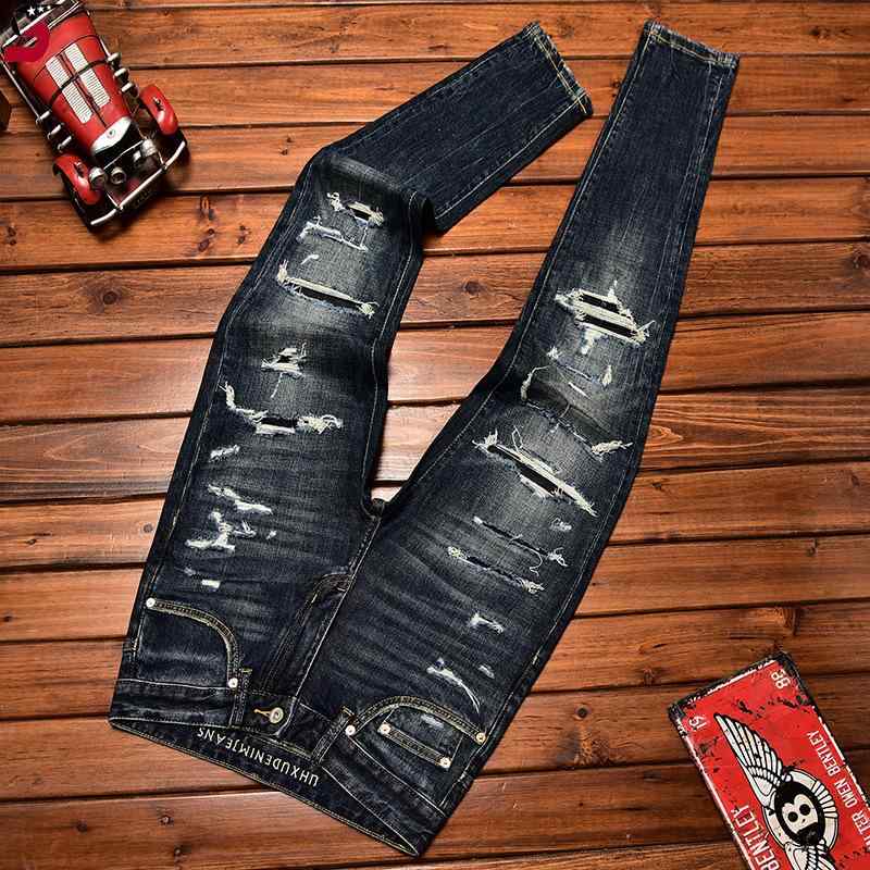 メンズ デニムパンツ 秋冬 ジーンズ 男性用 スリムフィット ダメージ 破れ穴 パッチワーク ストレッチ 弾力性 ロング丈 カジュアル 普段使い 高級感 修身 小脚 ファッション 潮流 韓国 牛仔 長ズボン