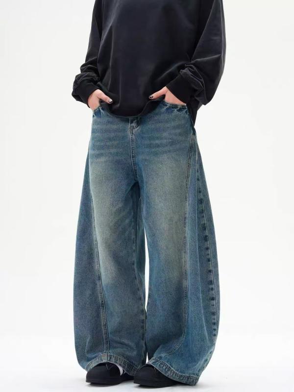 デニムパンツ メンズ レディース アメリカン レトロ ウォッシュ ヴィンテージ ワイドレッグ ゆったり ロングパンツ デニム素材 カジュアル ストリート 普段使い ストレッチ 快適 フィット