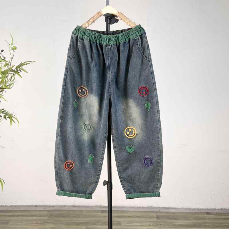 レディース ビンテージ ウォッシュ 色落ち デニムパンツ 9分丈 トレンド スマイリー 刺繍 ゆったり スリム ハーレム ワイドレッグ カジュアル 普段使い ジーンズ ズボン