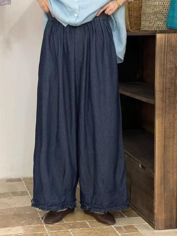 レディース デニムパンツ ハイウエスト ワイドレッグ 薄手 コットン 伸縮ウエスト クロップド丈 夏用 フリルエッジ 日系スタイル 軽量 普段使い｜みやショップ店
