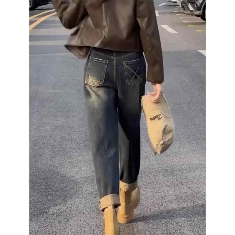 レディース 秋冬 デニムパンツ 大きめサイズ ぽっちゃり対応 レトロ ハーレム ハイウエスト 9分丈 ストレート ルート スリム見せ 暖か 裏地付き ゆったりシルエット デニム素材 普段使い ストレッチ性 脚長効果