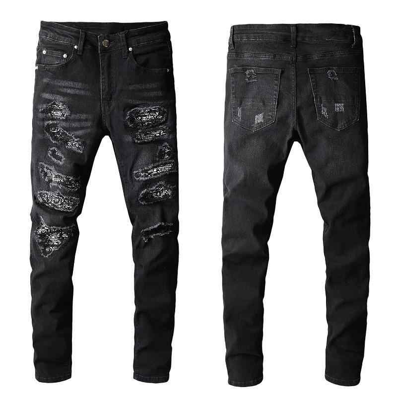 メンズ デニムパンツ ブラック コットン素材 スリムフィット ダメージ加工 パッチデザイン アメリカンスタイル ストリートファッション カジュアル 普段使い ビンテージ