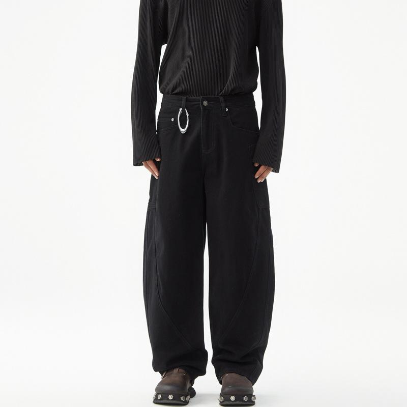 デニムパンツ メンズ 秋冬 ルーズ ワイドレッグ ストレート カーゴ 切り替え ウォッシュ加工 アメリカン スタイル ハイストリート カジュアル ファッション コットン 混紡