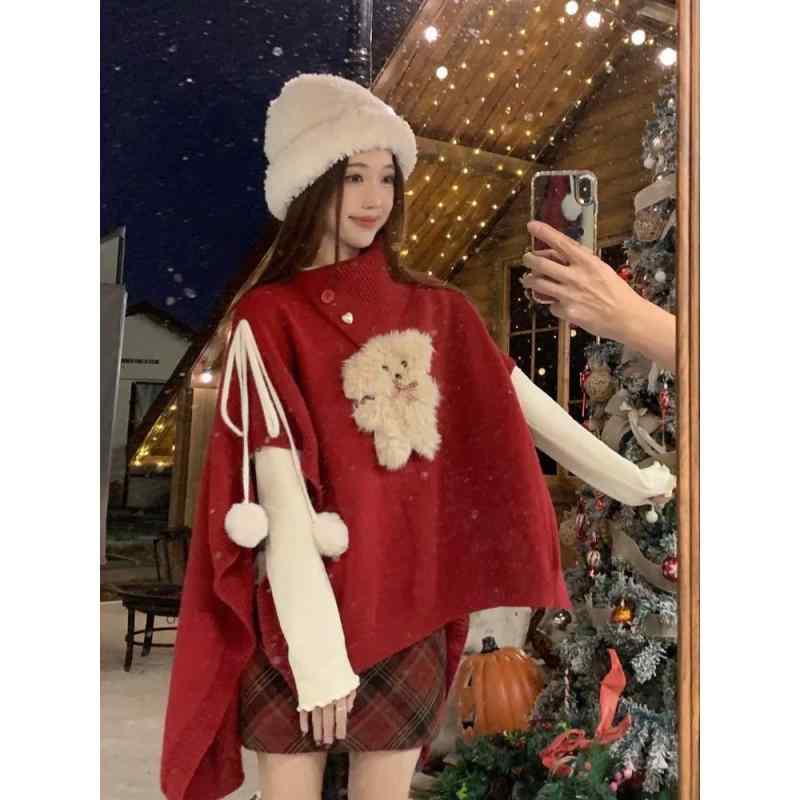 セーター レディース 冬 赤 ゆったり 大きめサイズ ケープ お腹カバー ニット ルーズフィット デザイン 個性的 暖かみ 日常使い