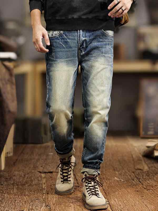 メンズ デニムパンツ 春夏 カジュアル テーパード レトロ ヴィンテージ加工 高級感 スリム ストレート アメリカンスタイル ストリート 普段使い