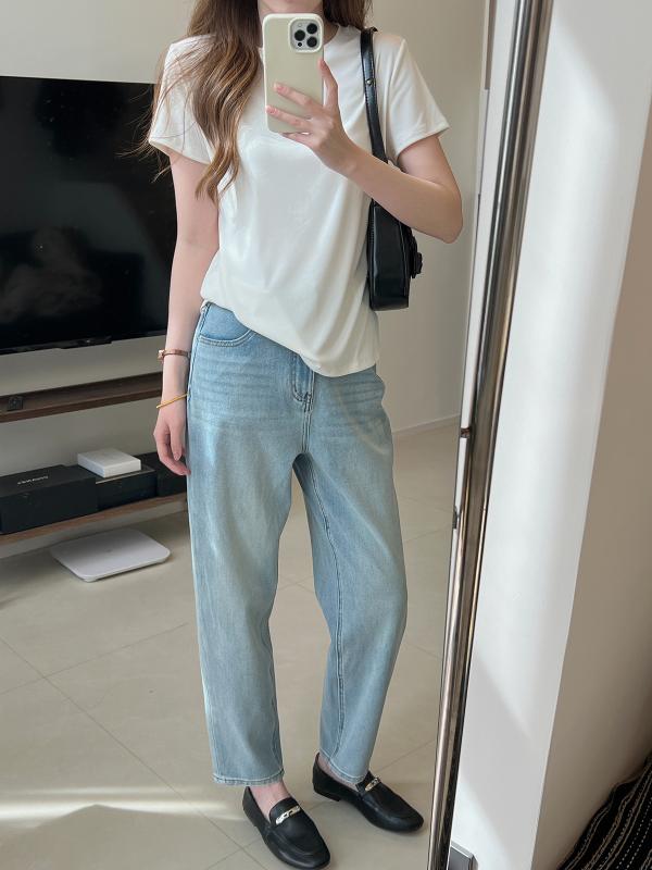 レディース デニムパンツ ハイウエスト テーパード アンクル丈 スリムレッグ レトロ ウォッシュド ストレート コットン素材 カジュアル 普段使い 軽量 伸縮性|みやショップ店