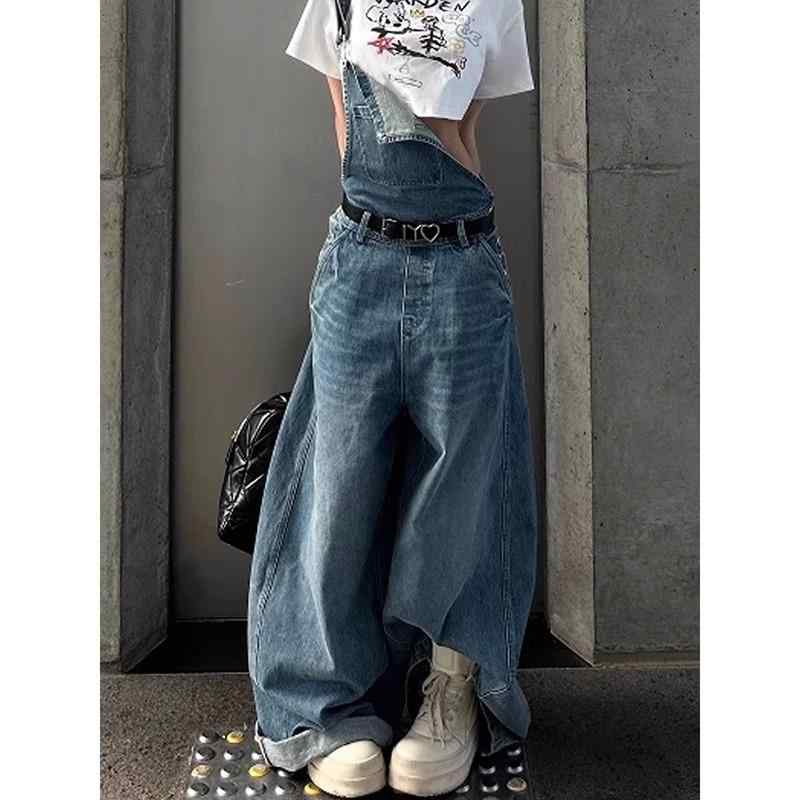 レディース デニム サロペット 夏 ストリート ワイドレッグ ストレート ブルー ウォッシュ加工 レトロ アメリカンスタイル 牛仔布 ロング丈 連体パンツ 普段使い 軽量 伸縮性｜みやショップ店