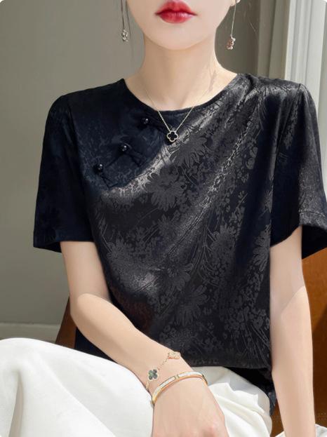 レディース 中国 夏 短袖 Tシャツ 薄手 シルク調 シンプル サテン 織り柄 トップス 再生繊維 カジュアル 普段使い 通勤対応 軽量 伸縮性