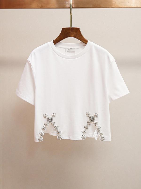 春夏 スタイリッシュ ユニーク デザイン ジルコニア 装飾 サイド スリット カジュアル ショート丈 レディース Tシャツ トップス 普段使い フェミニン スタイル