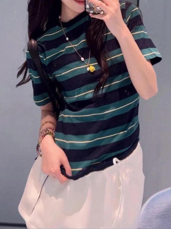 Tシャツ 女性用 春夏 ストライプ柄 ポケット付き クルーネック 短袖 スリムフィット 合わせやすい レトロ コントラストカラー かわいい ゆったりシルエット コットン混 普段使い カジュアルスタイル