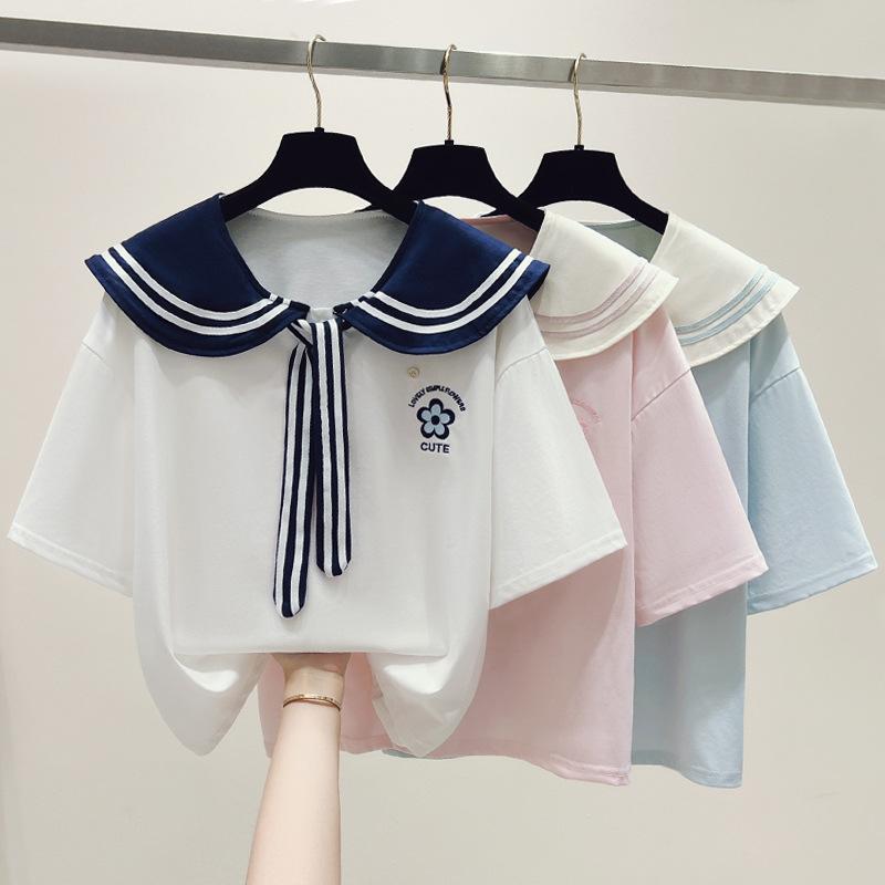 女の子 半袖Tシャツ 韓国 夏 セーラースタイル 中学生 かわいい トップス 普段使い 軽量 綿素材 ビッグシルエット ピンク系 アイボリー