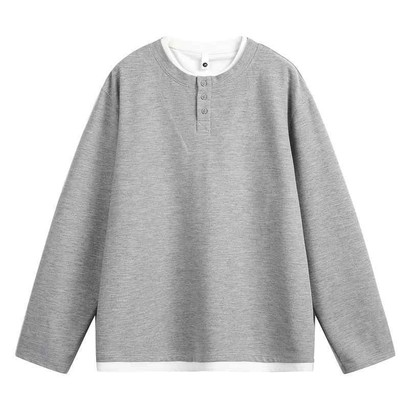 Tシャツ メンズ 長袖 ヘンリーネック レトロ ルーズフィット アメリカンスタイル フェイクツーピース 春秋 カジュアル 普段使い ストリート 快適 コットン混 伸縮性