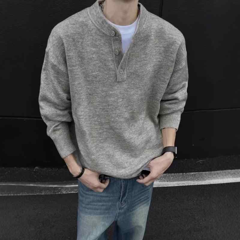 ニットセーター 男性用 春秋 高級感 ハーフボタン 丸首 ゆったり リラックス カジュアル トップス 普段使い 合わせやすい 軽量 伸縮性