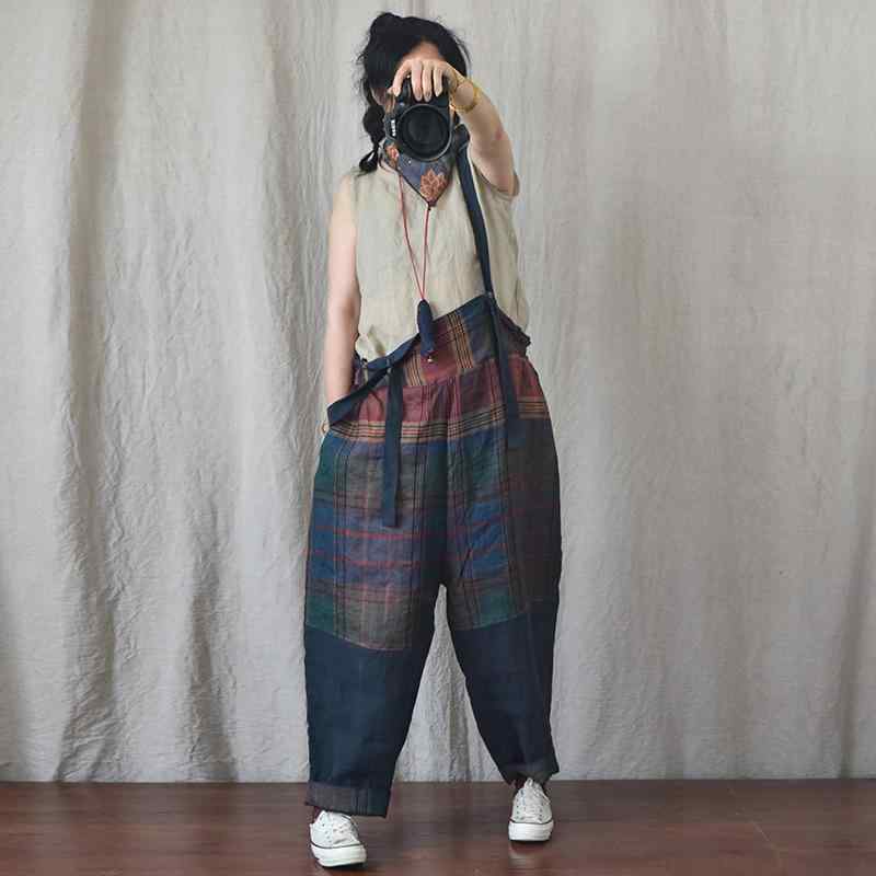 レディース トレンド サスペンダーパンツ 麻 パッチワーク 切り替え カジュアル ワイドレッグ スリム 若々しい コーディネート 普段使い 通気性 軽量