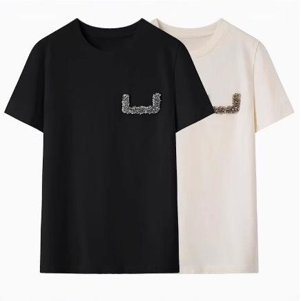 Tシャツ 春夏 綿素材 丸首 ゆったり 手作り 花刺繍 ジルコニア 飾り トップス カジュアル 日常使い 通気性 ソフト 快適 軽量 伸縮性