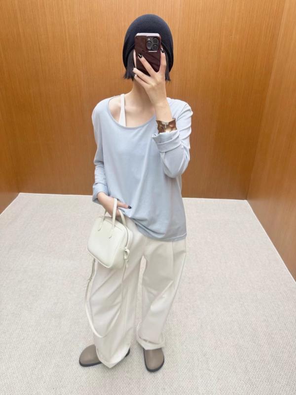レディース 長袖 Tシャツ インナー トップス シンプル ミストブルー 大襟 ゆったり フィット コットン混 吸湿速乾 春夏秋 通勤 普段使い