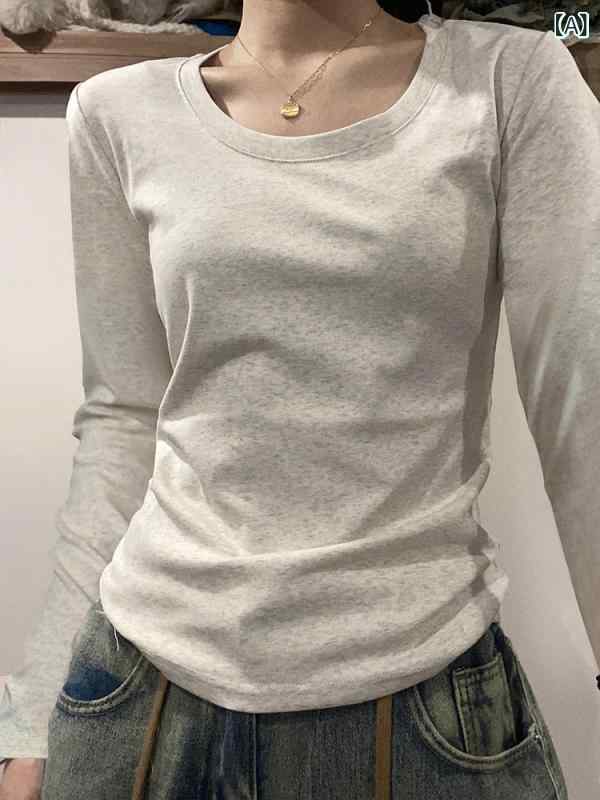 トップス レディース 長袖 Uのど首 薄墨色 秋用 綿原料品 薄っぺら 起毛産業 低領 肌付き 生あたたかい ベースレイヤー 普段使い走り 軽さ 伸縮性