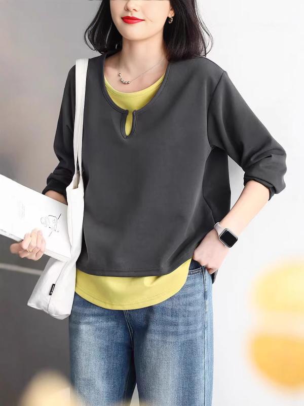 レディース Tシャツ フェイクレイヤード コントラストカラー クルーネック ゆったり スリム効果 春 カジュアル 韓国 インナー トップス 普段使い ルーズフィット