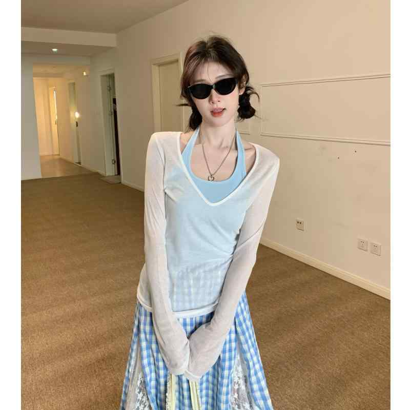 レディース トップス 2点セット Vネック 白 長袖 Tシャツ ハルターネック キャミソール レイヤード UVカット シースルー 薄手 デザイン 夏用 普段使い