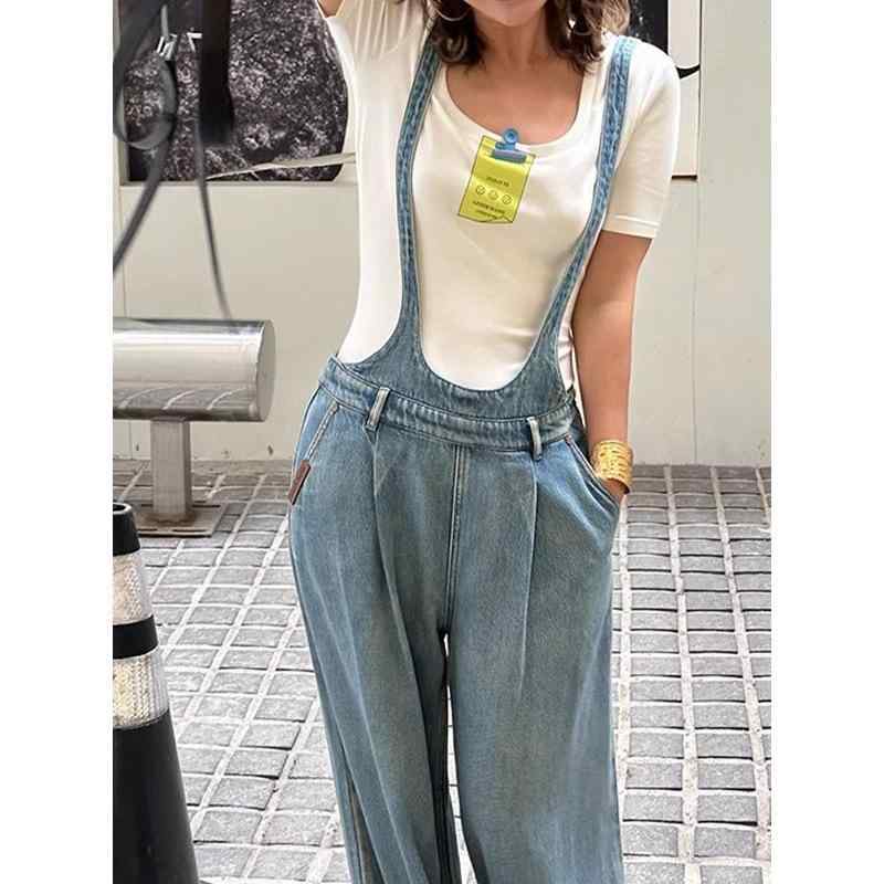 デニムパンツ レディース 春夏 ローライズ ゆったり サスペンダー ワイドレッグ ビンテージ カジュアル 普段使い ストレッチ コットン混 軽量 快適
