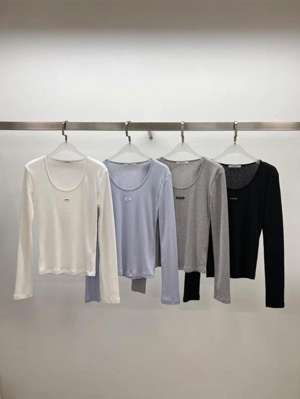 春夏 Uネック 長袖 無地 Tシャツ スタイリッシュ トップス カジュアル 普段使い 軽量 伸縮性 コットン混 ベーシック アイボリー ブラック|みやショップ店
