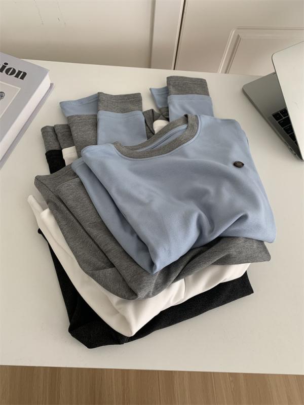 レディース 長袖 Tシャツ シンプル 配色 ラウンドネック フリース 厚手 インナー トップス 秋冬 高級感 羊毛 暖か 保温 吸湿速乾 普段使い