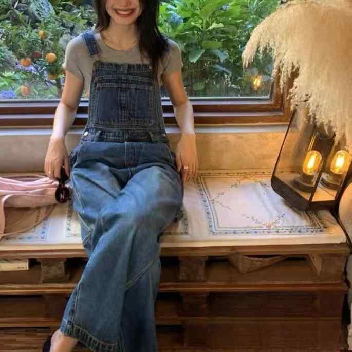 デニム オーバーオール レディース ブルー 春夏 ゆったり カジュアル ワイドレッグ ストレート ロングパンツ ジーンズ素材 コットン 普段使い アクティブ 快適 シルエット