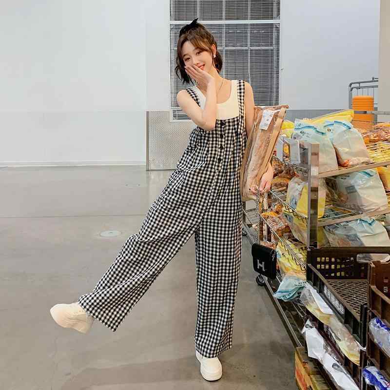 オーバーオールパンツ レディース ペティート ゆったり チェック柄 カジュアル ワイドレッグ ストレート ロング丈 春夏 日常使い
