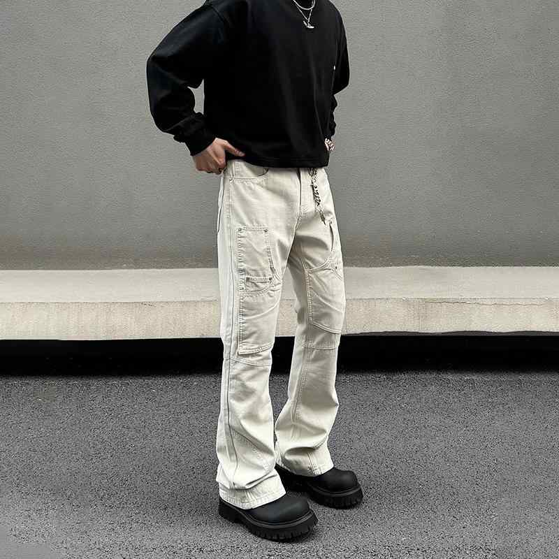 カーゴパンツ メンズ アメリカンスタイル オフホワイト ストレート フレア 多ポケット リベット加工 ワークウェア スリムフィット カジュアル ストリート