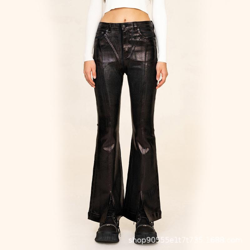 デニムパンツ メンズ スリムフィット ストレートレッグ スリット フレアデザイン 冬用 伸縮性 軽量 普段使い 通勤対応 ダークカラー 再生デニム素材