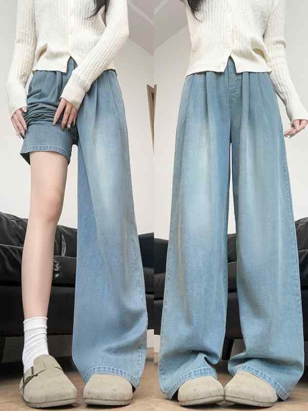 レディース デニムパンツ ブルー 秋冬 ハイウエスト ワイドレッグ ストレート ゆったり 再生繊維 ドレープ感 小柄向け スリム 普段使い 通勤用 軽量 伸縮性