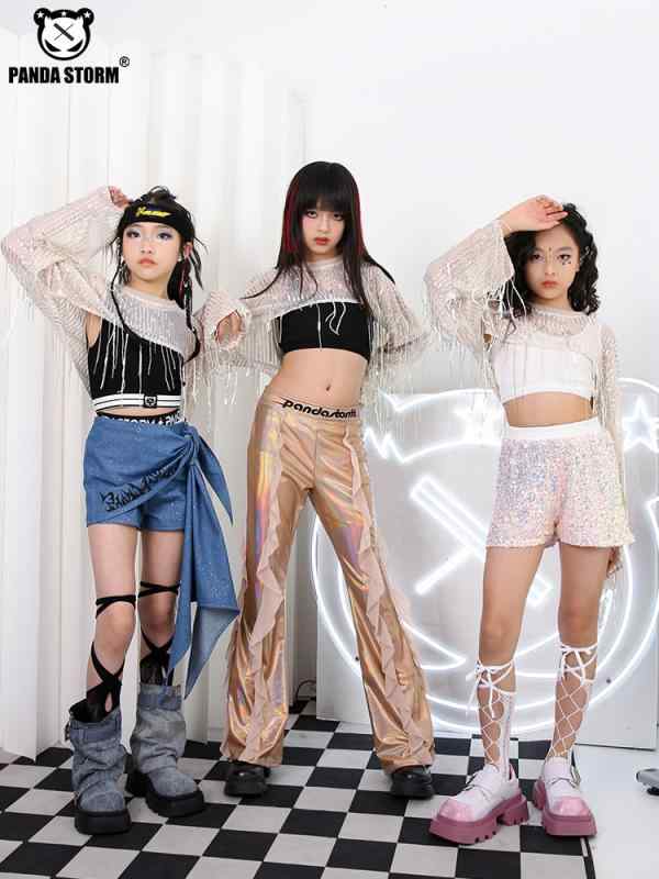 女の子 子供 ダンス衣装 ジャズダンス ヒップホップ ストリートダンス パフォーマンス ステージ 長袖 トップス ロングパンツ 上下セット スパンコール フリンジ チュール メッシュ キッズ 女児 走秀 演出服