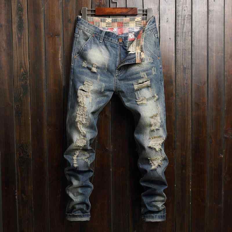 デニムパンツ メンズ 春夏 破れ スリムフィット トレンド 細身 男性用 カジュアル ジーンズ 綿素材 ストレッチ ストリートスタイル