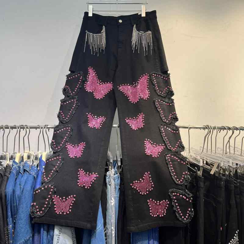 レディース デニムパンツ 夏 ダメージ加工 蝶々モチーフ フリンジ ストレートレッグ スリムシルエット カジュアル 普段使い ロング丈