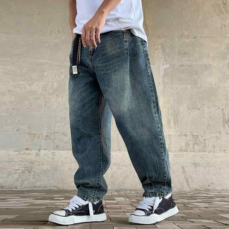 メンズ デニムパンツ ビンテージ ウォッシュド ストレート ワイドレッグ ルーズフィット 大きめサイズ ハーレム トレンド コットン素材 普段使い 軽量 伸縮性