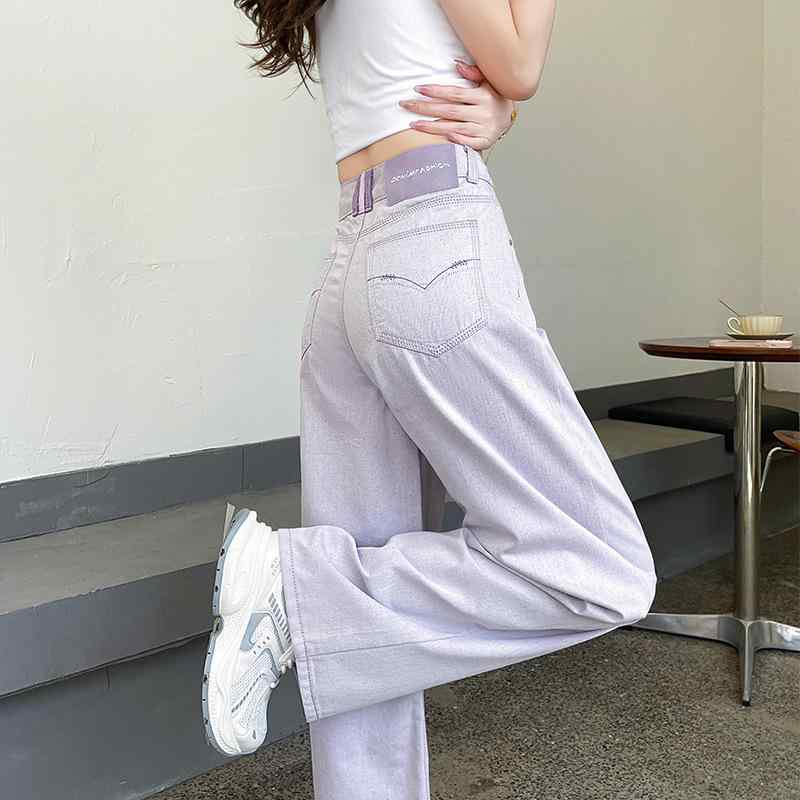 レディース 紫 ハイウエスト ワイドレッグ デニムパンツ 春秋 ビッグサイズ スリム効果 ゆったり ストレート ロング丈 カジュアル 普段使い デニム素材