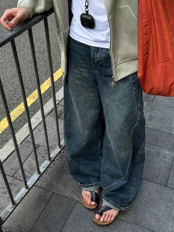 デニムパンツ ビッグサイズ アメリカンスタイル レトロ 無地 ベルボトム ハイウエスト ワイドレッグ ルーズ スリミング カジュアル ロング丈 ストレッチ 普段使い