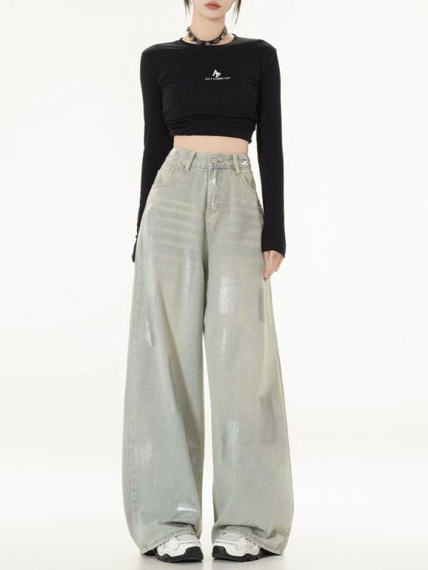 パンツ レディース ハイウエスト ワイドレッグ デニム 素材 シルバー系 ドレープ ロング丈 春秋 ゆったりシルエット 普段使い 4,693円
